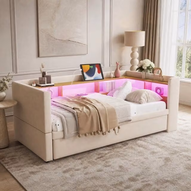 Divano letto 90/180x190 cm beige in flanella con LED, prese e vani portaoggetti