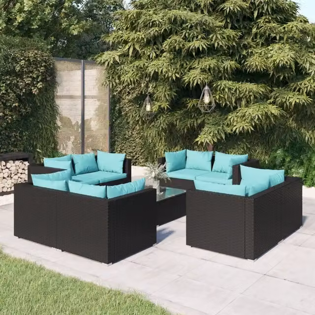 Set di Divani da Giardino a L vidaXL 9 Pezzi con Tavolino e Cuscini Blu e Neri