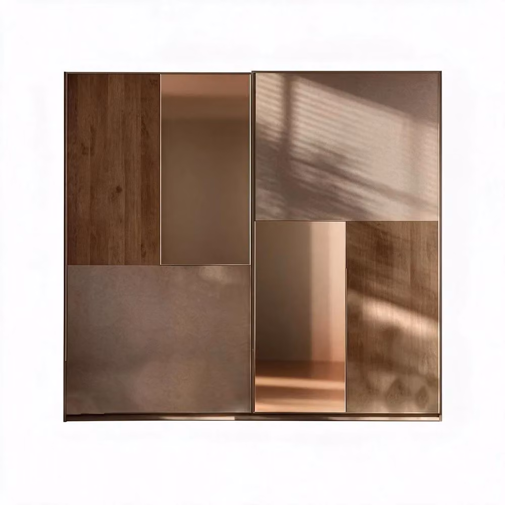 Armadio Quinn con 2 ante scorrevoli e specchi, colore bronzo e noce mercure, L: 275 cm, P: 59 cm, H: 240 cm – 2