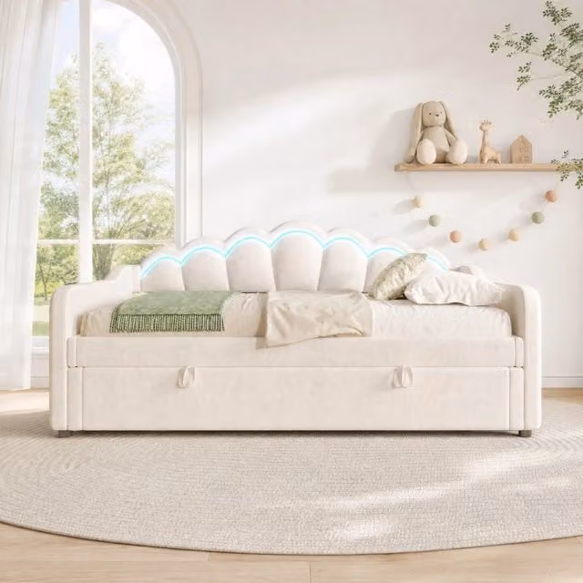 Letto a divano MODFU con contenitore in velluto beige, illuminazione LED e sollevamento idraulico, L/P: 90 x 200 cm