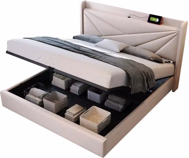 Letto Matrimoniale Contenitore 140x200 Imbottito Beige con Testiera Geometrica e Ricarica USB/Type-C