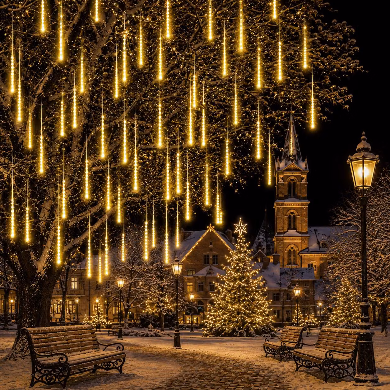 Catena luminosa a forma di pioggia di meteoriti, luci che simulano stelle cadenti, decorazioni natalizie per giardino, adatte anche per Halloween, luce bianca calda, 50 cm, 288 LED