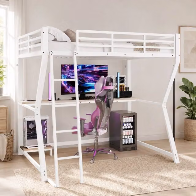Letto a soppalco 90x200 cm con scrivania; LED; presa USB e scala; bianco