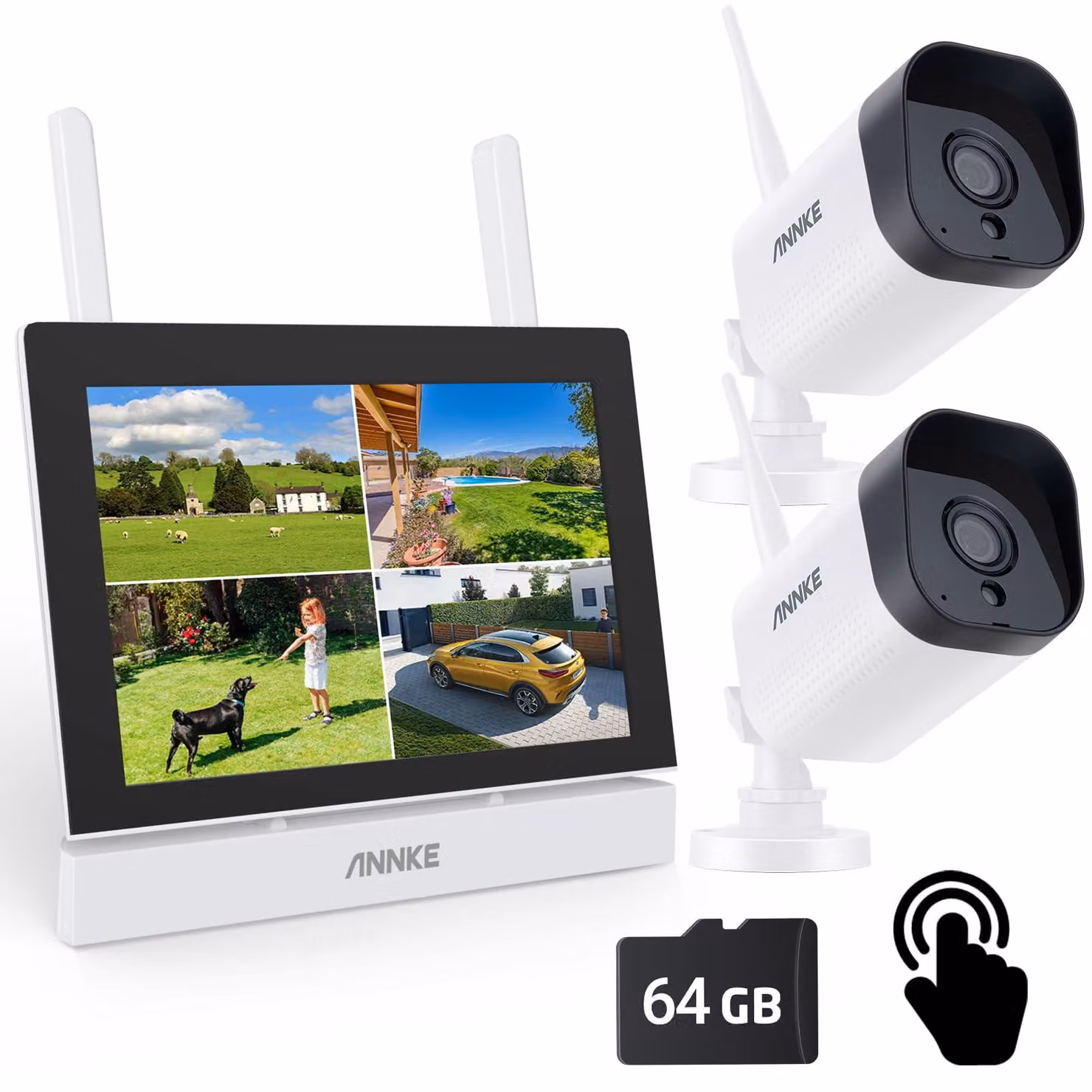 Kit di telecamere di sicurezza wireless con 2 telecamere - Risoluzione 3 MP e 5 MP - Schermo touchscreen da 7 pollici - Visione notturna a 30 metri - Adatte per interni ed esterni
