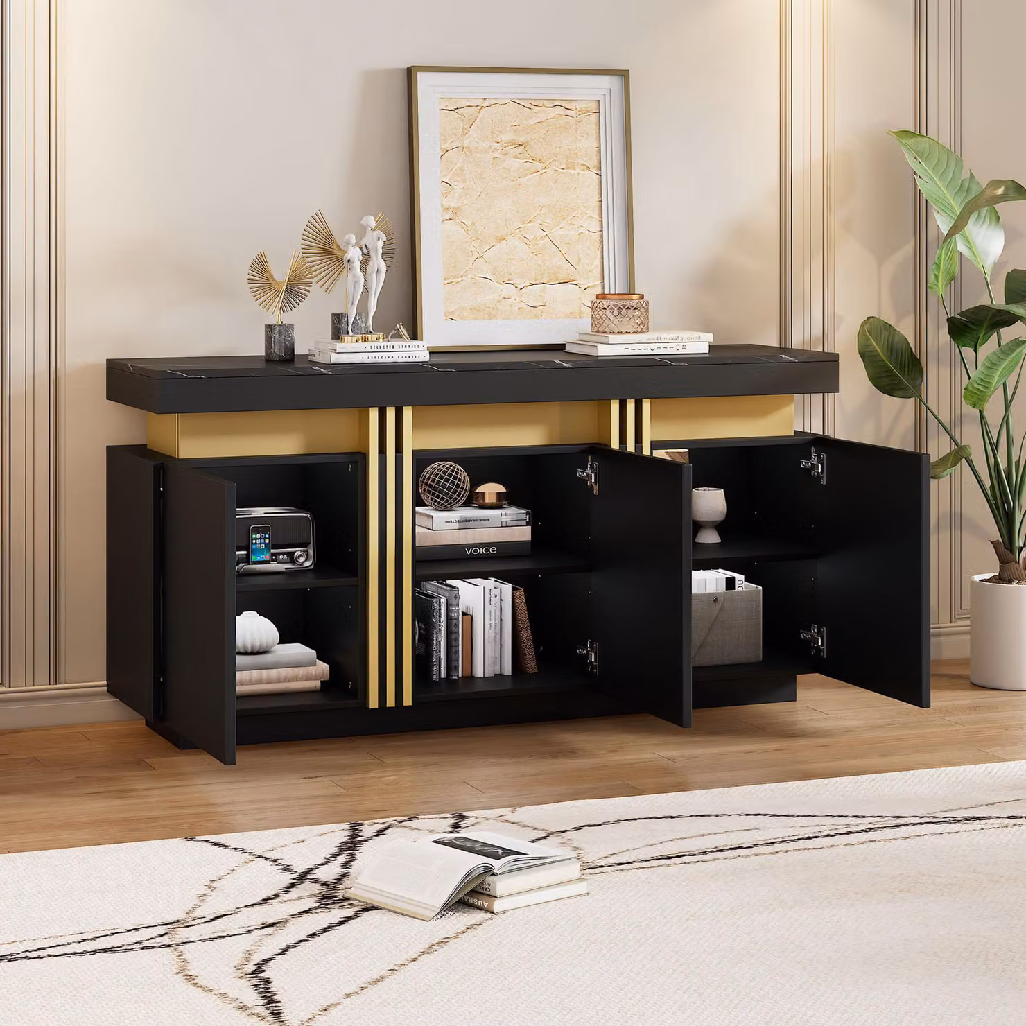 Credenza Merax nera con effetto marmo, 140x38x70cm, 3 ante, mobile da sala da pranzo con ripiani regolabili, mobile da soggiorno, accenti platino