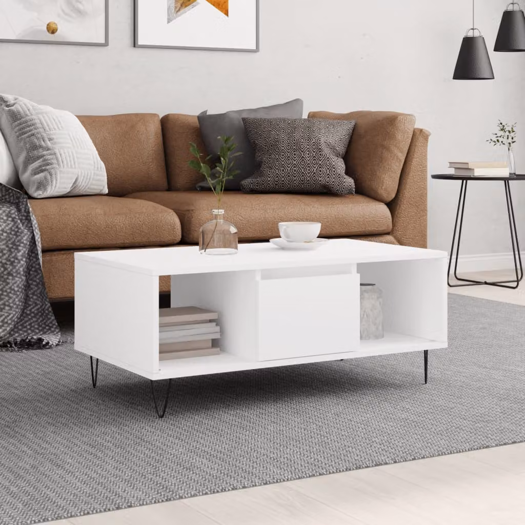 vidaXL Tavolino da Salotto Moderno Bianco in Legno e Metallo L: 90 cm, P: 50 cm, H: 36,5 cm
