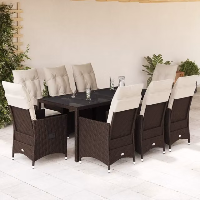 Set da pranzo da giardino vidaXL in polyrattan marrone e bianco con 9 pezzi e cuscini