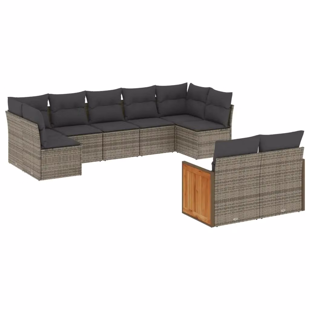 vidaXL Set Divano da Giardino a L 9 pz in Polyrattan e Legno di Acacia con Cuscini Grigio – 2
