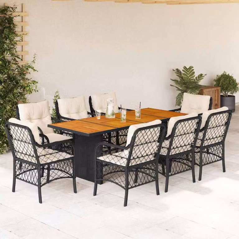 Set da Pranzo da Giardino vidaXL in Polyrattan Nero con Cuscini e Tavolo in Legno di Acacia, 9 Pezzi