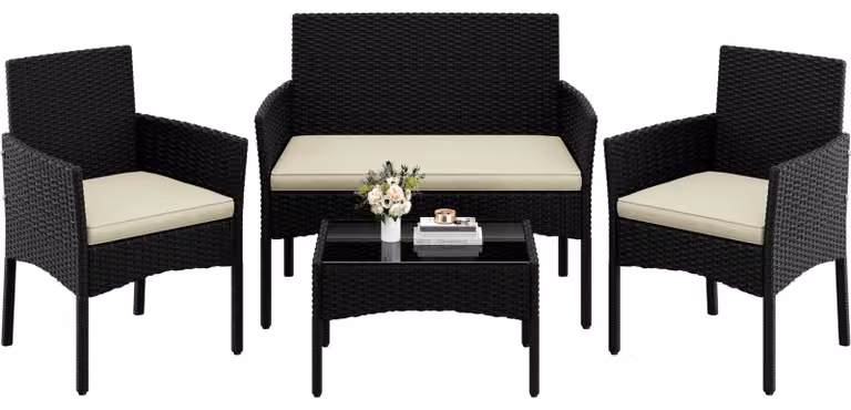 Set da giardino lounge - 4 pezzi - Polyrattan - Nero e beige - Per balcone e terrazza