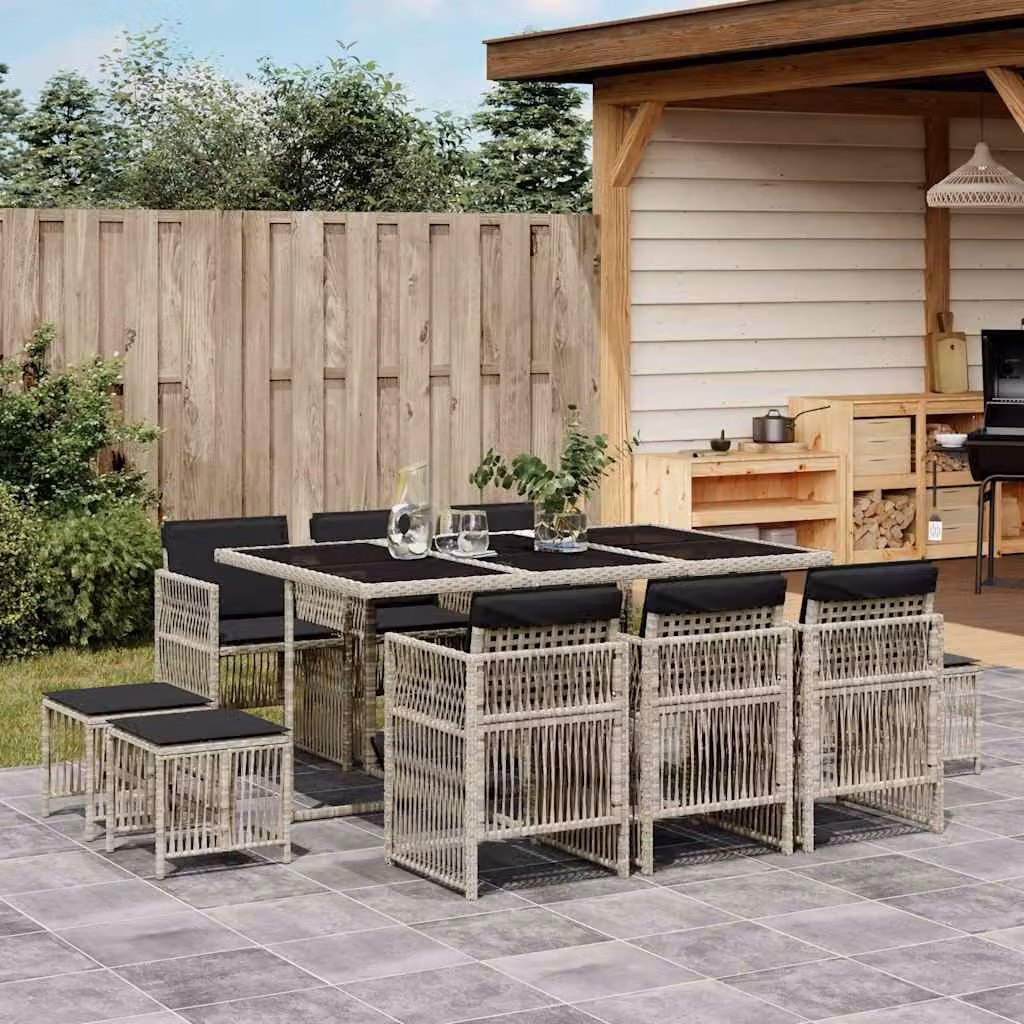 Set Pranzo da Giardino vidaXL in Polyrattan con Cuscini e Piano in Vetro, 11 Pezzi, Grigio Antracite – 1
