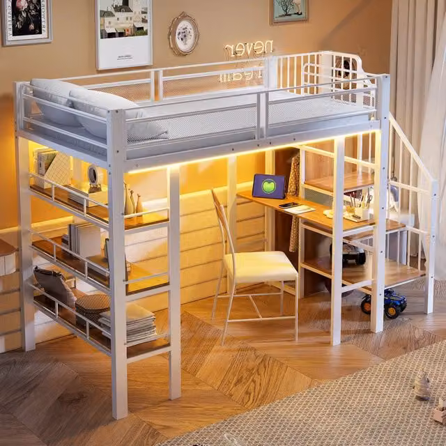 Letto a soppalco singolo 90 × 200 cm con scrivania, armadio, mensole e luci LED, senza materasso, in metallo bianco