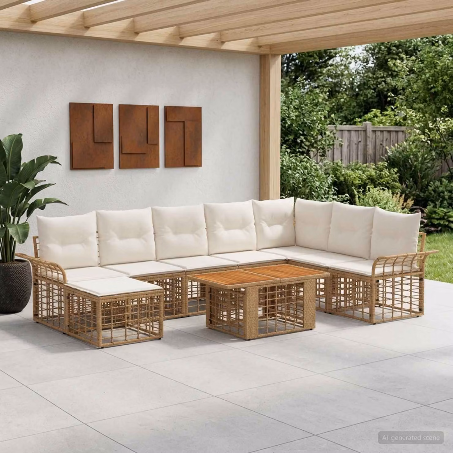 Set Divano da Giardino vidaXL 9 pz in Polyrattan con Tavolino e Cuscini, Colore Naturale e Bianco Crema