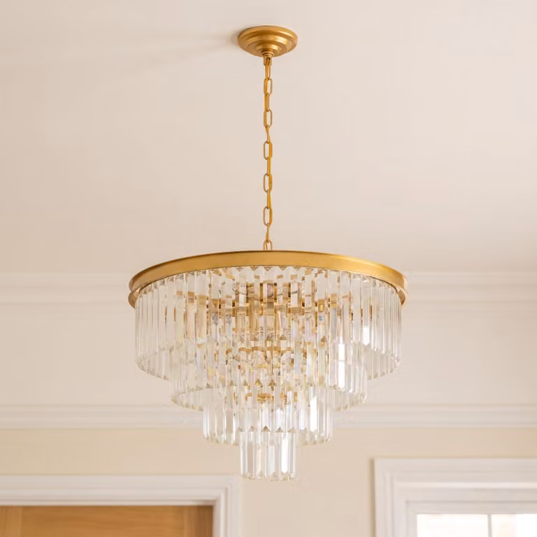 Lampadario in cristallo dorato, a 9 luci, forma circolare, diametro 60 cm, 4 livelli