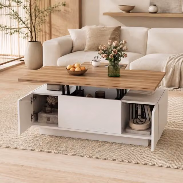 Tavolino da salotto con doppio piano rialzabile; vano nascosto; 2 ante; bianco e legno; 100 x 50 x 55;5 cm