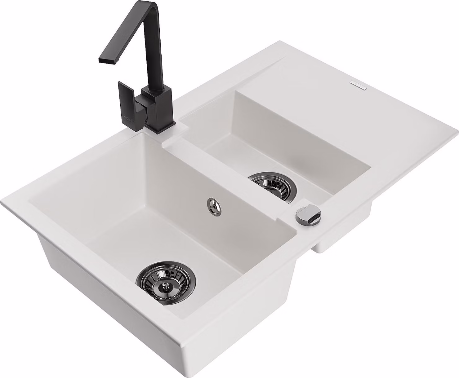 Mexen Gaspar lavello in granito 1,5 vasche con scolapiatti e rubinetto da cucina Rita, bianco - 6507-20-670300-70