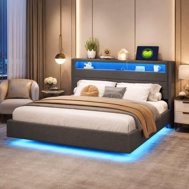 Letto imbottito 160x200 cm grigio con presa USB, LED e testiera contenitore