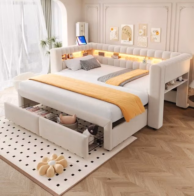 Divano letto imbottito con letto estraibile 90×190/180×190 cm; 2 cassetti; LED; USB e Type-C; velluto beige