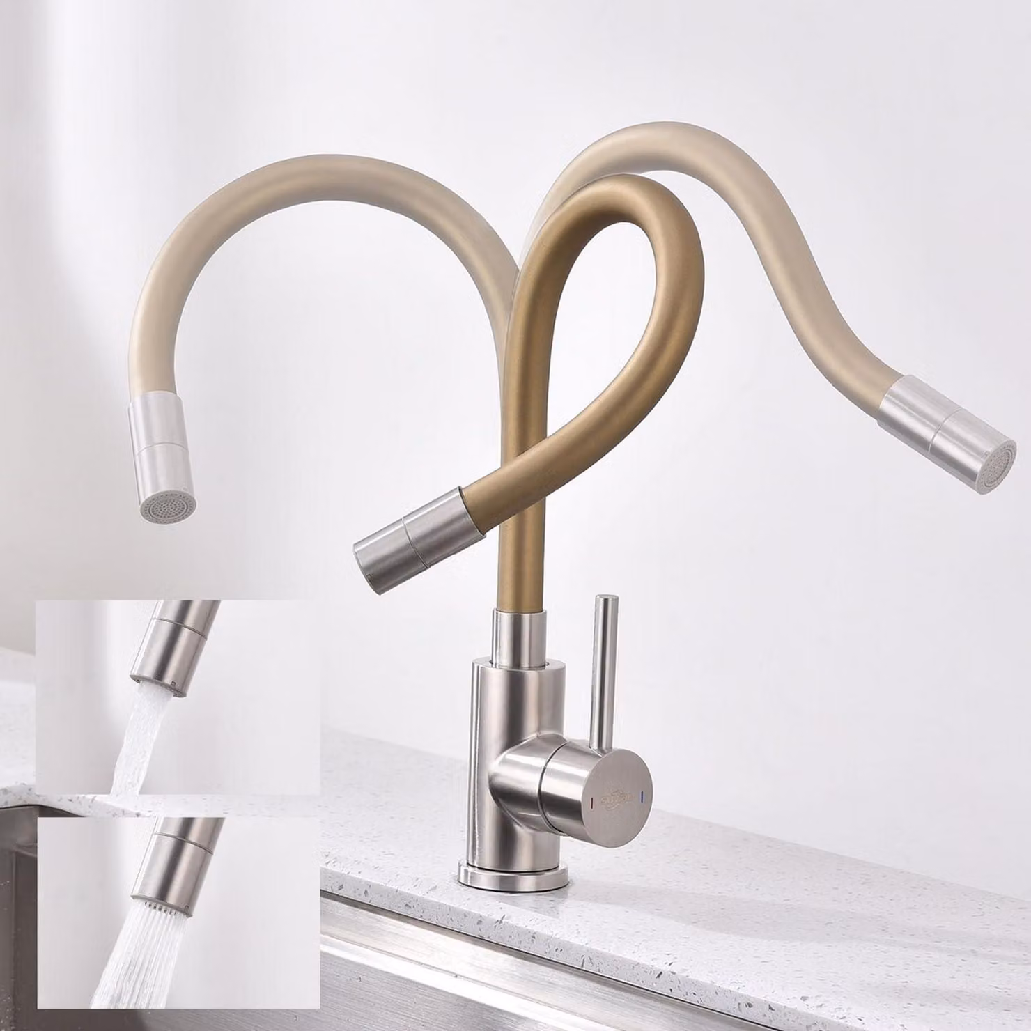 Miscelatore da cucina in acciaio inossidabile, finitura dorata, girevole a 360°, con 2 tipi di getto e aeratore a risparmio idrico