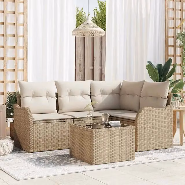 Set Divano da Giardino a L vidaXL in Polyrattan Marrone con Cuscini Beige e Tavolino da Esterno
