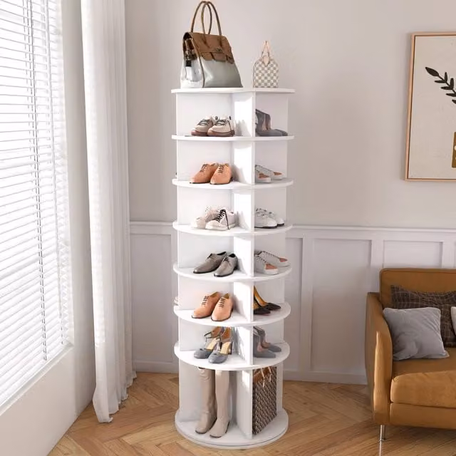 Scarpiera girevole WISHDOR a 7 livelli in PVC bianco, modello salvaspazio freestanding con rotazione a 360 gradi, L: 65 cm, P: 65 cm, H: 21,5 cm