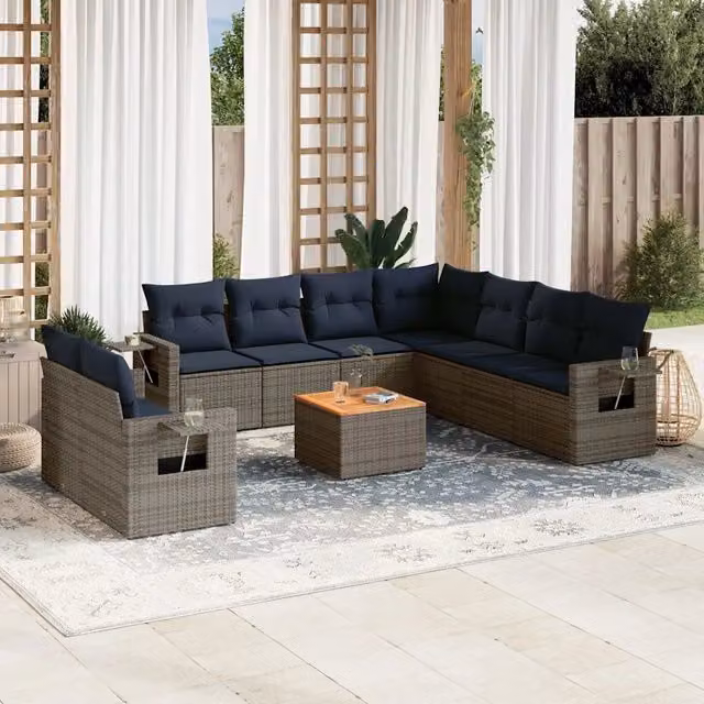 Set Divani da Giardino 10 pz con Cuscini Grigio in Polyrattan 3224633