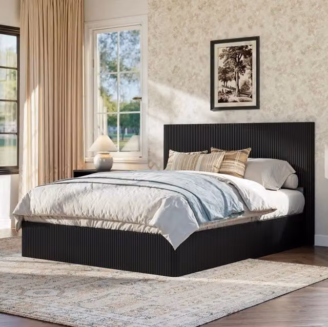 Letto contenitore nero 160x200 cm con sollevamento idraulico e testiera a righe