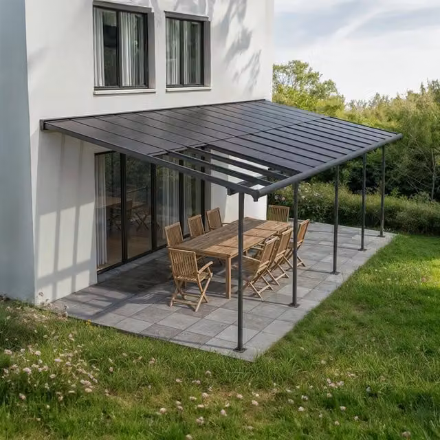 Pergola addossata Palram Canopia Sierra Cabrio in alluminio e policarbonato, colore grigio, L: 8,6 m x P: 3 m