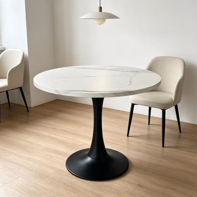 Tavolo da Pranzo Rotondo Minimal con Piano Effetto Marmo Bianco e Gambe in Metallo Nero, Diametro: 80 cm