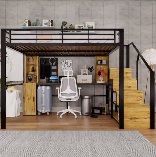 Letto a soppalco in metallo e MDF 140x200 cm con scrivania; armadio; scale contenitore e USB; nero
