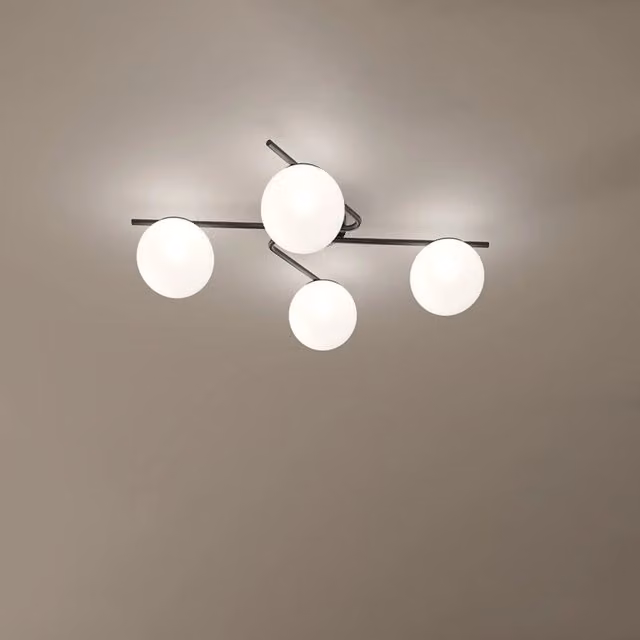 Plafoniera Moderna Holly a Sospensione in Metallo Nero e Vetro Bianco con 4 Luci E27