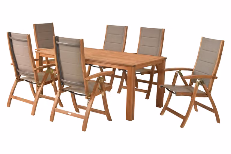 Set di mobili da giardino Merxx Acapulco 7 pezzi, 6 poltrone pieghevoli, tavolo 185 x 90 cm, acacia/tessuto