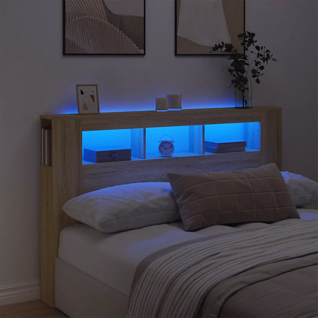 Testiera con LED vidaXL in Rovere Sonoma, con mensola integrata e porta USB, L 160 x P 18,5 x H 103,5 cm