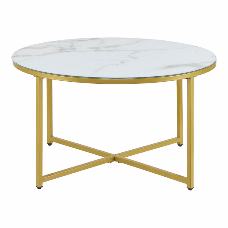 In And OutdoorMatch Tavolino Marcelle - 45xØ80 cm - Look marmo bianco e oro - Acciaio e truciolato - Design moderno