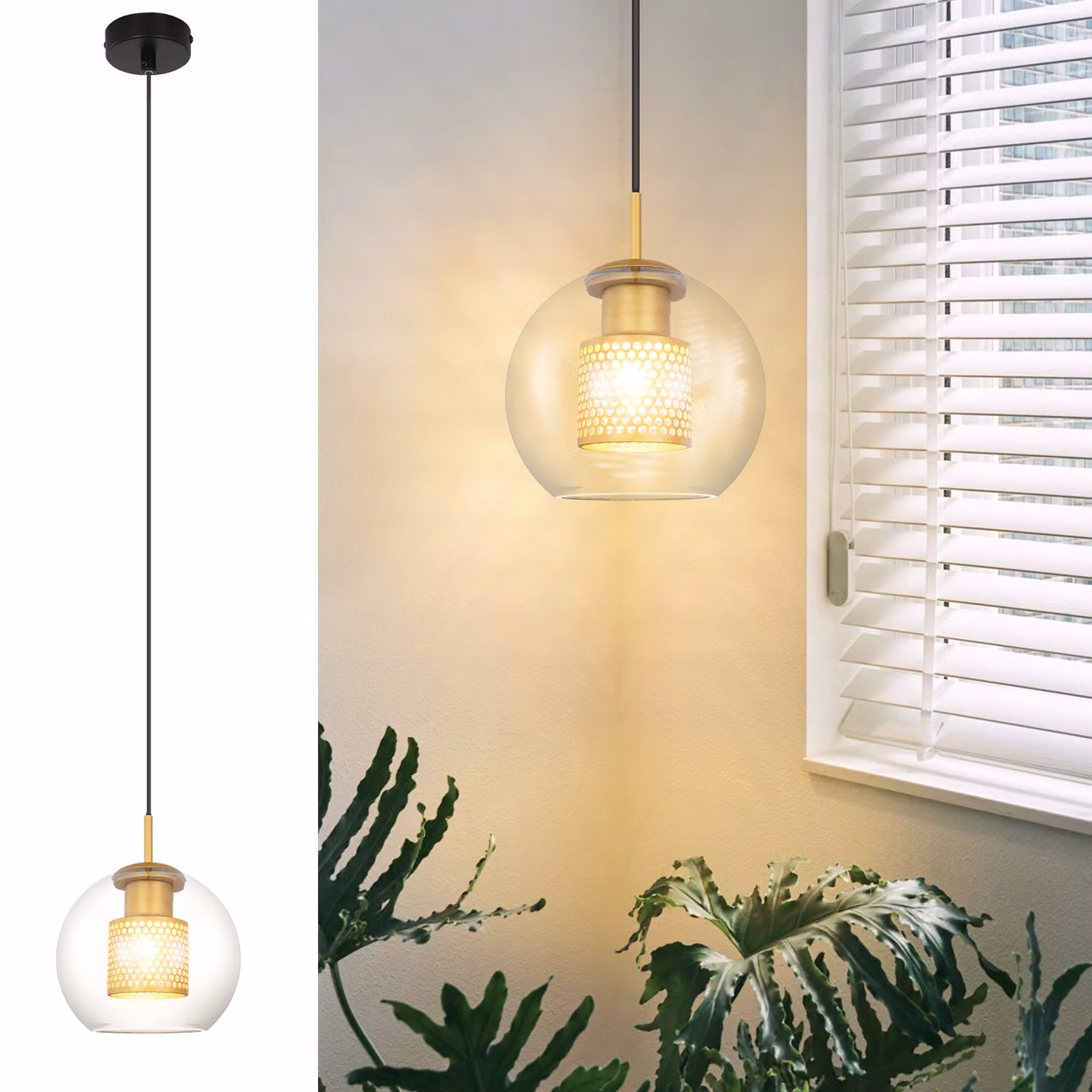 ZMH luce a sospensione vetro 1 fiamma E27 luce a sospensione nero oro palla di vetro moderno per soggiorno cucina camera da letto sala da pranzo senza lampadina