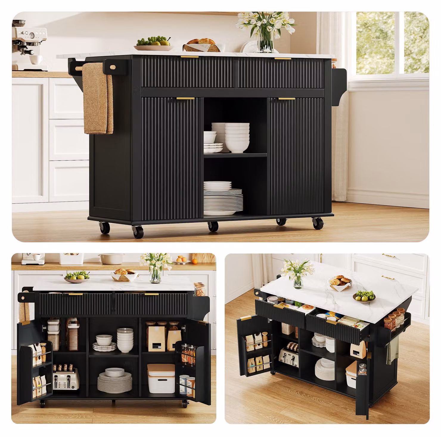 Isola da cucina mobile, dimensioni 120x45 cm, piano di lavoro pieghevole, 2 cassetti, 2 ante, ripiani per spezie, portasciugamani, colore nero.