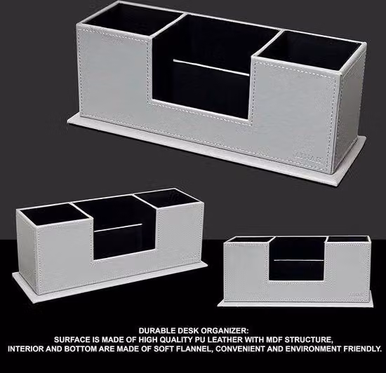 Organizer da scrivania grigio con 4 scomparti per carte, chiavi e cosmetici