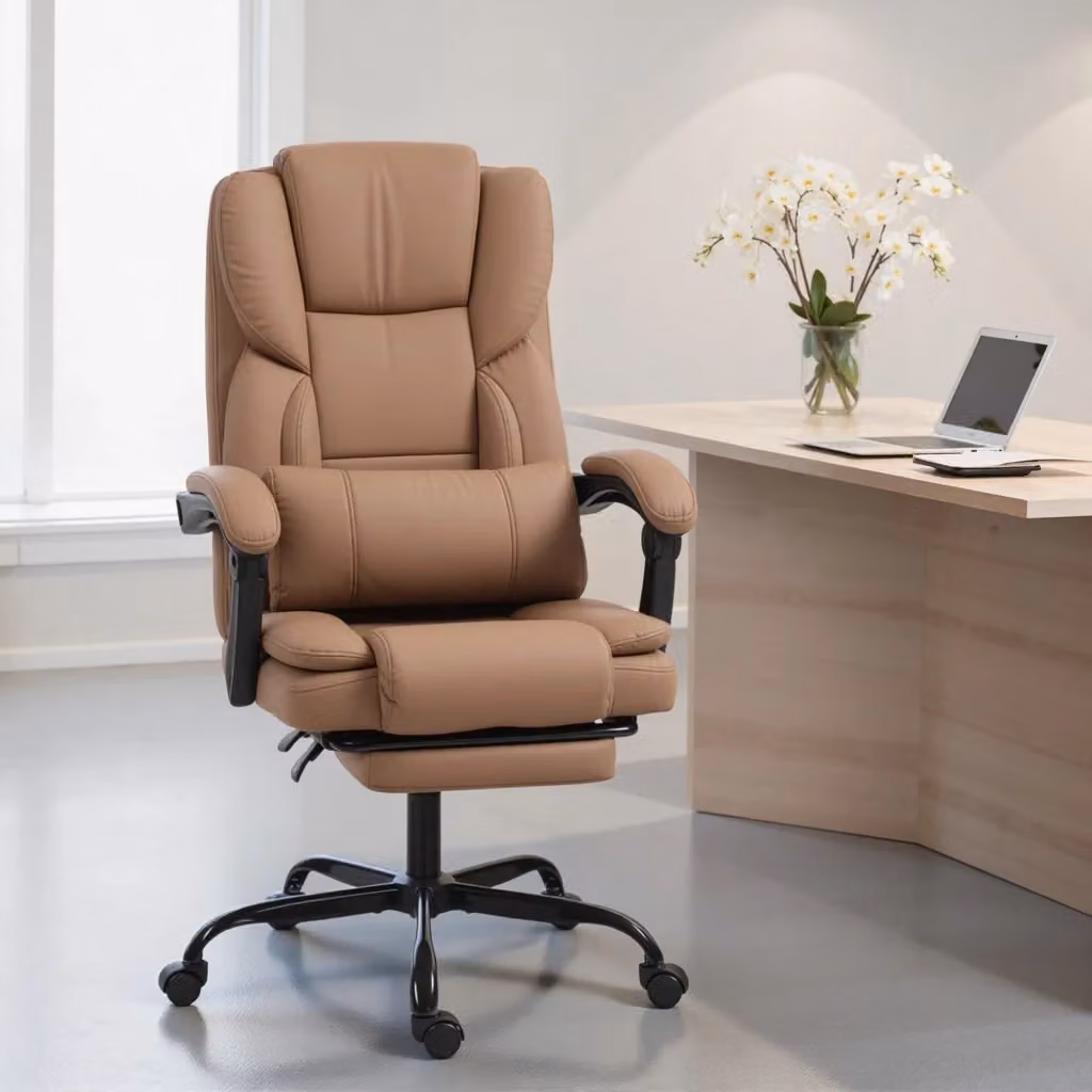 Sedia da Ufficio Executive Giordanoshop Reclinabile in Finta Pelle Marrone con Poggiapiedi e Rotelle L: 65 cm, P: 67 cm, H: 111-119 cm – 2