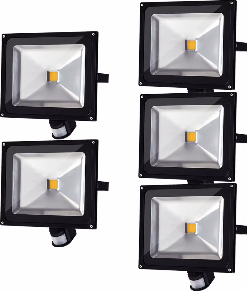 Greenmigo 5x 30W Proiettore con sensore di movimento, luce bianca calda, corpo in alluminio nero, IP65, lampada LED impermeabile, applique, illuminazione diffusa, illuminazione da esterno, lampada da giardino a LED, faretto da esterno