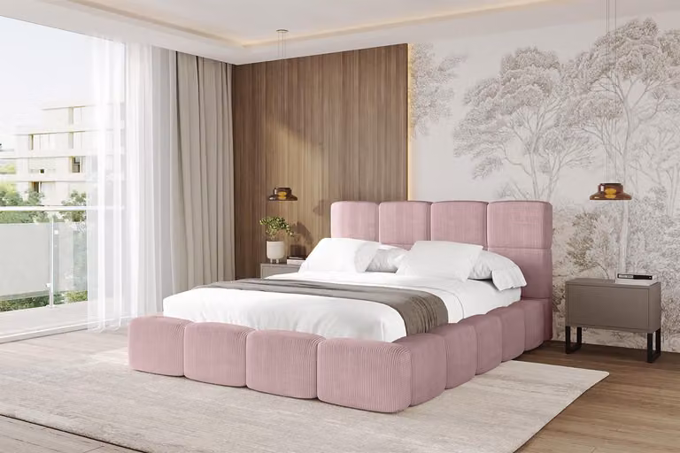 Letto imbottito ALTDECOR con contenitore - NATA 200x200 rosa, letto con testiera, letto contenitore senza materasso, letto matrimoniale con contenitore