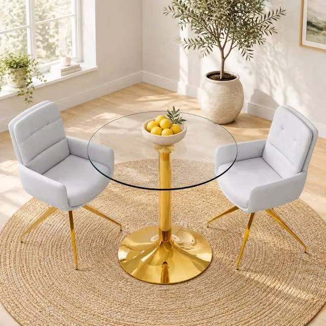 Set tavolo e sedie rotondo MIVRAY con 2 sedie girevoli in PU grigio chiaro, vetro temperato trasparente e metallo oro