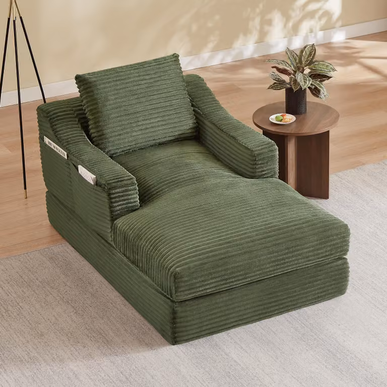 Poltrona relax MODFU con design a doppio strato, chaise longue con cuscino di seduta, poltrona con tasche portaoggetti laterali, velluto a coste, verde