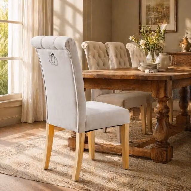 Set di 2 sedie da pranzo moderne in velluto beige con gambe in legno massello di quercia