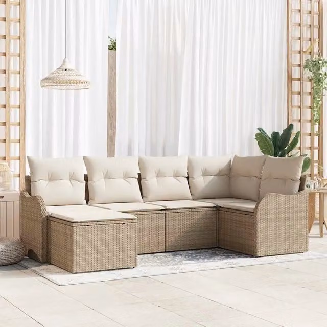 Set Divano da Giardino a L con Poltrona e Ottoman vidaXL, 6 Pezzi, Beige