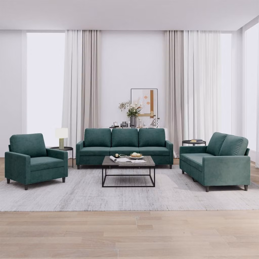 Set di Divani 3 pz con Cuscini Verde scuro in Velluto