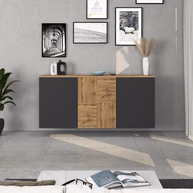 WHOUS Credenza sospesa Iseo con 3 ante e 6 scomparti interni antracite opaco e rovere 150x35x70 cm