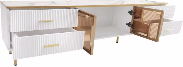 Mobile TV in truciolato con finitura marmo, LED variabile, 4 cassetti strutturati con manici dorati e 2 ante in vetro temperato marrone, 170x37x47,5 cm