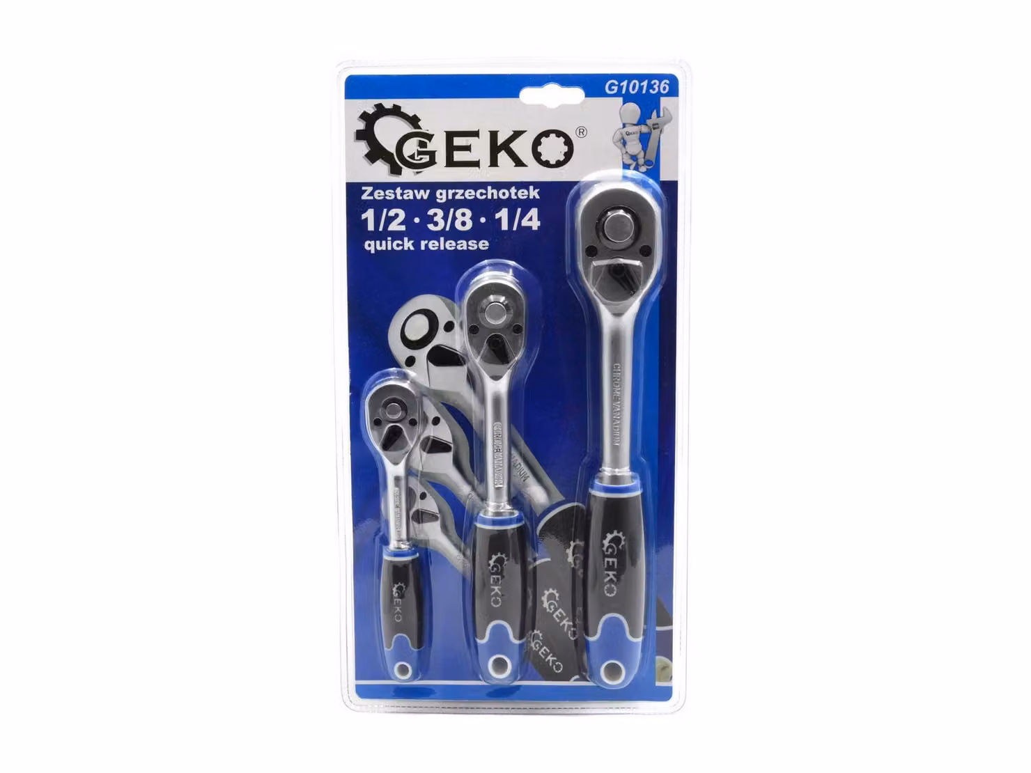 Cricchetto GEKO 1/2", 3/8", 1/4", set di 3 sganci rapidi G10136