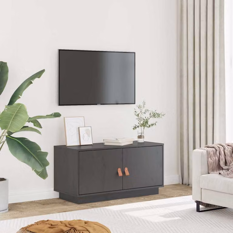 vidaXL Mobile Porta TV in Legno Massello di Pino Grigio L: 80 cm, P: 34 cm, H: 40 cm