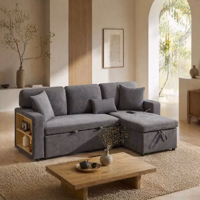 Divano letto angolare 214 x 131 x 87 cm in tessuto Oxford grigio scuro con USB e contenitore